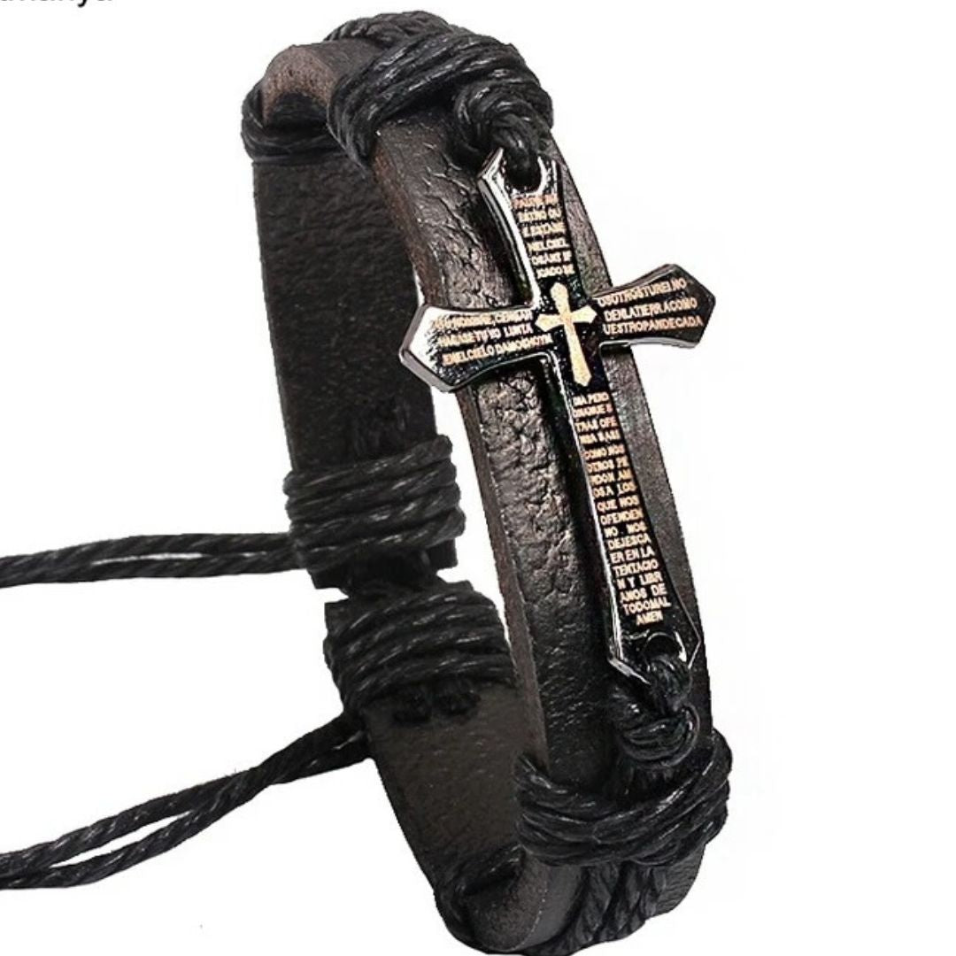Pulsera Sagrada en Cuero. Manilla En Cuero Padre Nuestro Caja
