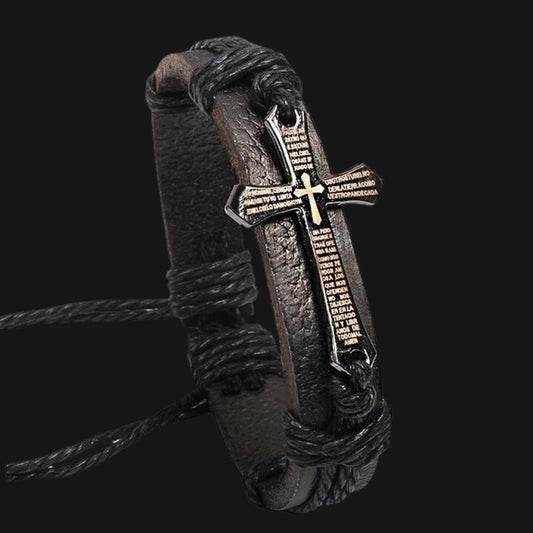 Pulsera Sagrada en Cuero. Manilla En Cuero Padre Nuestro Caja